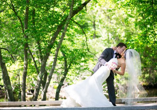 Bride Groom First Look Outdoor Wedding Long Veil Rose Bouquet Gray Suit